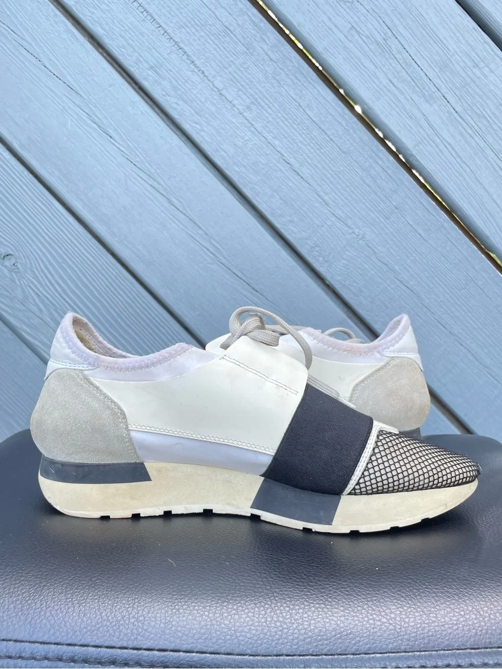 Balenciaga “Race Runner”Black and Cream Knit-Accent Lace-Up Sneakers size 37